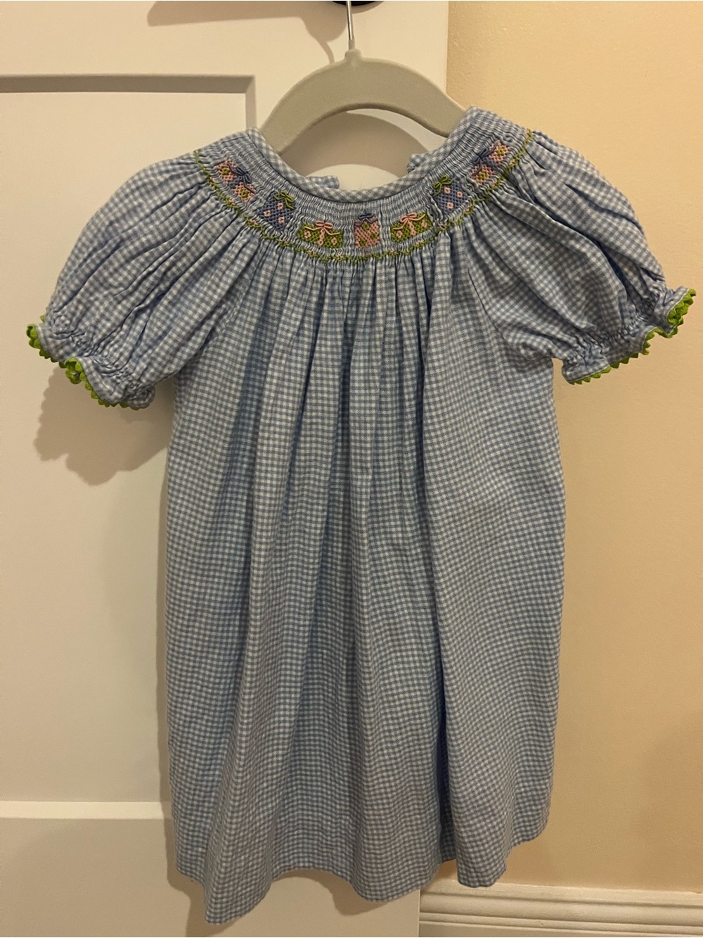 Birthday or Christmas Blue Gingham Smocked Puff Sleeve Dress with Floral Trim